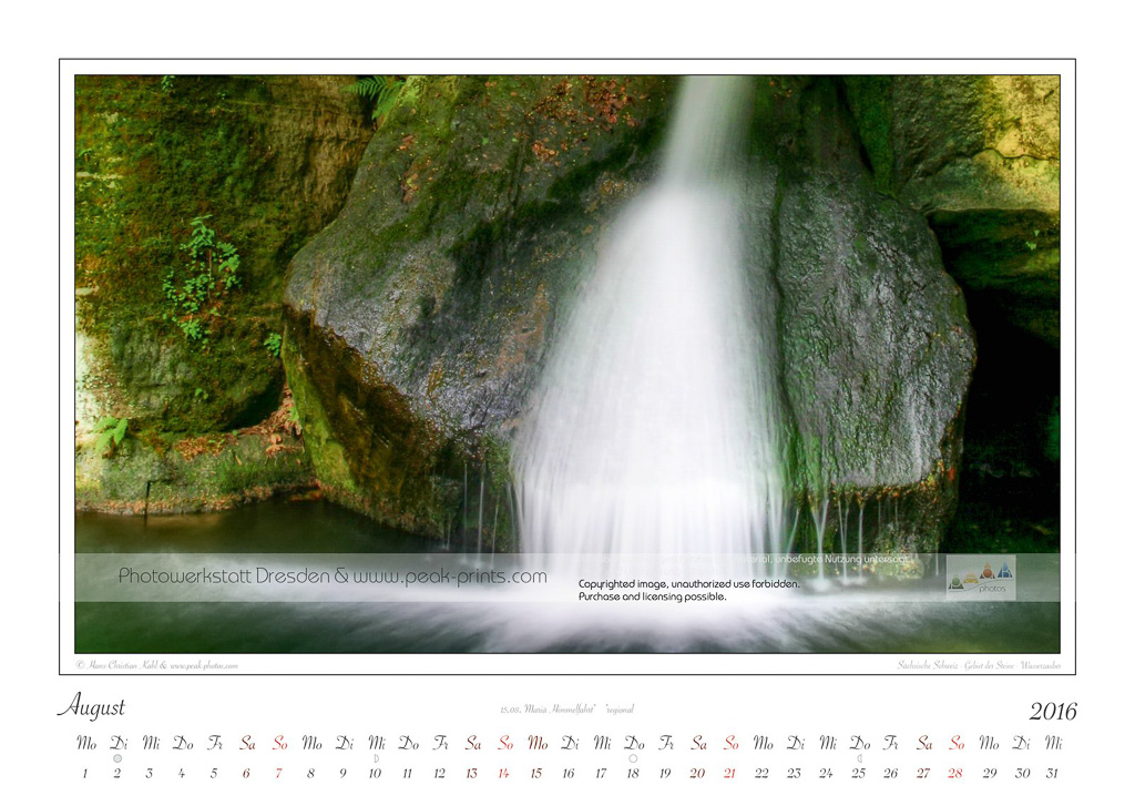 Kalender Traumlandschaft Elbsandsteingebirge 2016, Saechsische Schweiz, Wasserzauber im Gebiet der Steine, August
