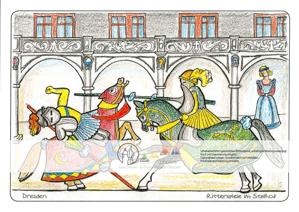 Die Postkarte zum Ausmalen; Postkarte Dresden Ritterspiele im Stallhof. Der Stallhof ist einer der ältesten in originaler
Ausstattung erhaltenen Turnierplätze
der Welt.
Reizvoll wäre es den Turnierharnisch der
kämpfenden Ritter in gegensätzlichen
Farben zu gestalten. Federn und
gemusterte Stoffe gehören zur barocken
Pracht.