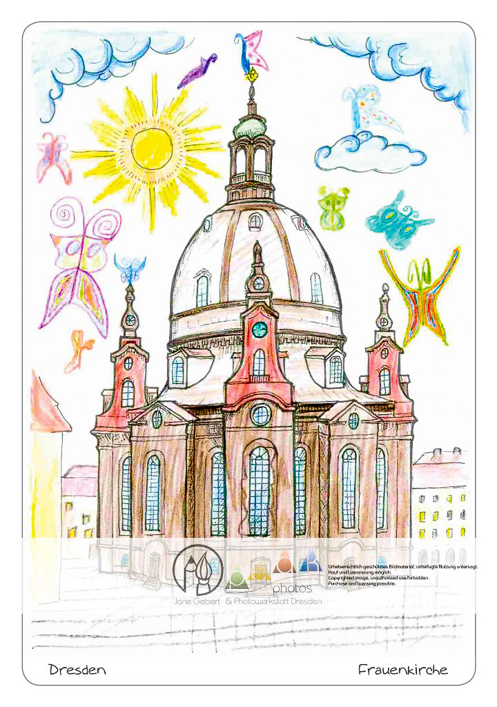 Die Postkarte zum Ausmalen; Postkarte Dresden Frauenkirche. Die neuerbaute Frauenkirche
ist als Symbol
für Frieden und Versöhnung
in der ganzen
Welt bekannt. Sie ist
einer der größten Kuppelbauten
nördlich der
Alpen.
Der helle Ton des
Sandsteins und ein
blauer Himmel wirken
sehr harmonisch. Es
können eigene Ideen
eingefügt werden.
Damit bietet die
Zeichnung Freiraum für
kreatives Gestalten.