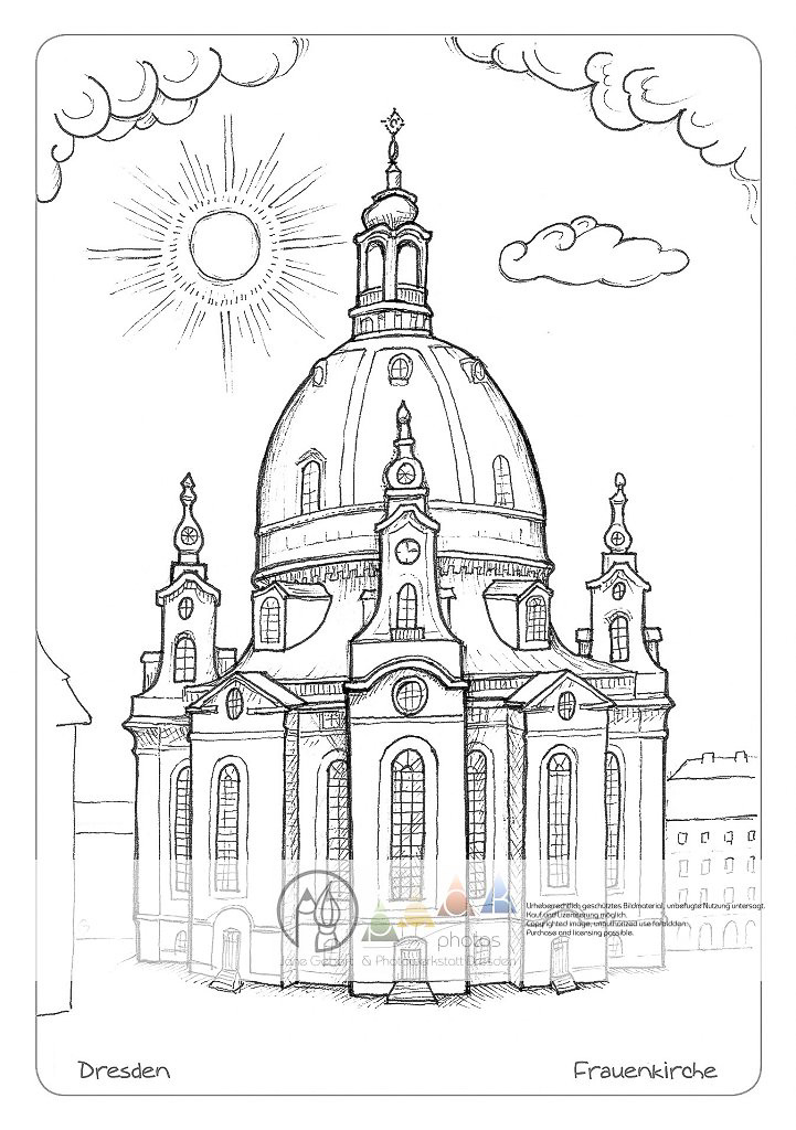 Die Postkarte zum Ausmalen; Postkarte Dresden Frauenkirche. Die neuerbaute Frauenkirche
ist als Symbol
für Frieden und Versöhnung
in der ganzen
Welt bekannt. Sie ist
einer der größten Kuppelbauten
nördlich der
Alpen.
Der helle Ton des
Sandsteins und ein
blauer Himmel wirken
sehr harmonisch. Es
können eigene Ideen
eingefügt werden.
Damit bietet die
Zeichnung Freiraum für
kreatives Gestalten.