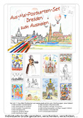 Set Dresden Zum Ausmalen. Enthält alle 11 Motive der Serie Dresden: 
A-400 Dresden Canalettoblick, 
A-401 Ritterspiele im Stallhof, 
A-402 Dresden Frauenkirche, 
A-403 Zwingerputte, A-404 Der Goldene Reiter
A-405 Sixtinische Engel, 
A-406 Dresdner Pflaumentoffel, A-407 Dresdner Zwinger, Kronentor, 
A-408 Hoftaschenspieler und Narr Joseph Fröhlich, 
A-409 Dresdner Striezelkinder, 
A-415 Schokoladenmädchen nach Liotard. Abbildung zeigt Deckblatt der Set-Verpackung.