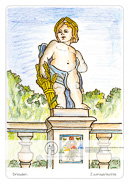 Die Postkarte zum Ausmalen; Postkarte Dresden Zwingerputte. Eine der vielen drolligen
Putten welche die Ballustraden
des Zwingers
schmücken. Mit seinem
Kornkranz und dem
Garbenbund schaut er
zufrieden in die Welt.
Wird ihn demnächst
Getier umsummen oder
sich der Himmel bevölkern?
Die Entscheidung
liegt in der Hand des
Malers. Es ist sogar Platz
für einen Gruß an den
Empfänger.