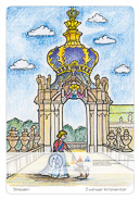 Die Postkarte zum Ausmalen; Postkarte Dresden Kronentor Dresdner Zwinger. Pöppelmanns graziles
Kronentor ist das Sinnbild
des Zwingers. Die
prächtige Kronenhaube
ist goldverziert. Das lustwandelnde
Fürstenkind
wird von seinem Hündchen
begleitet.
Ob naturalistisch oder
phantasievoll gestaltet,
das Motiv lädt ein zu
verspieltem leichten
Ausdruck.