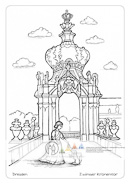 Die Postkarte zum Ausmalen; Postkarte Dresden Kronentor Dresdner Zwinger. Pöppelmanns graziles
Kronentor ist das Sinnbild
des Zwingers. Die
prächtige Kronenhaube
ist goldverziert. Das lustwandelnde
Fürstenkind
wird von seinem Hündchen
begleitet.
Ob naturalistisch oder
phantasievoll gestaltet,
das Motiv lädt ein zu
verspieltem leichten
Ausdruck.
