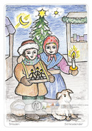 Die Postkarte zum Ausmalen; Postkarte Dresden Striezelkinder Striezelmarkt; Dresdner Christstollen. Bei Wind und Wetter, oft
in eisiger Kälte, standen
die Kinder mit ihren
Bauchläden auf dem
Marktplatz. Heute sind
die Striezelkinder
Symbolfiguren des
Dresdener Weihnachtsmarktes.
Malt das Bild in den Farben
die das Herz erwärmen.
Die Winterkleidung
der Geschwister und die
weihnachtliche Stimmung
mit Tanne, Stern
und Abendhimmel.