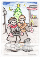 Die Postkarte zum Ausmalen; Postkarte Dresden Striezelkinder Striezelmarkt; Dresdner Christstollen. Bei Wind und Wetter, oft
in eisiger Kälte, standen
die Kinder mit ihren
Bauchläden auf dem
Marktplatz. Heute sind
die Striezelkinder
Symbolfiguren des
Dresdener Weihnachtsmarktes.
Malt das Bild in den Farben
die das Herz erwärmen.
Die Winterkleidung
der Geschwister und die
weihnachtliche Stimmung
mit Tanne, Stern
und Abendhimmel.
