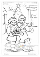 Die Postkarte zum Ausmalen; Postkarte Dresden Striezelkinder Striezelmarkt; Dresdner Christstollen. Bei Wind und Wetter, oft
in eisiger Kälte, standen
die Kinder mit ihren
Bauchläden auf dem
Marktplatz. Heute sind
die Striezelkinder
Symbolfiguren des
Dresdener Weihnachtsmarktes.
Malt das Bild in den Farben
die das Herz erwärmen.
Die Winterkleidung
der Geschwister und die
weihnachtliche Stimmung
mit Tanne, Stern
und Abendhimmel.
