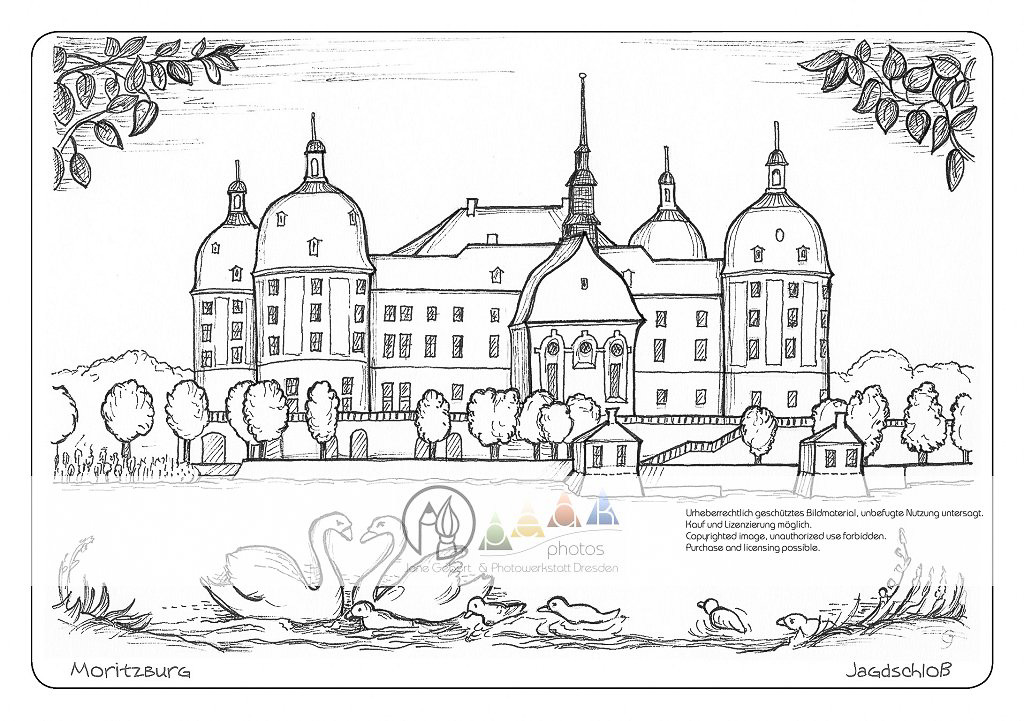 Die Postkarte zum Ausmalen; Postkarte Barockschloss Moritzburg; Jagdschloss und Lustschloss. Das Barockschloss von Moritzburg liegt
mitten in der herrlichen Teich- und Waldlandschaft
des Friedewaldes in der Nähe
von Dresden.
Die Kuppeln der vier mächtigen
Rundtürme, sowie das Dach leuchten in
warmem Rot. Das Schloss ist in den
Farben des sächsischen Barock, Ocker
und Weiss gehalten. Zwei Schwäne mit
ihren Jungen begegnen sich am Ufer. Das Schloss war Filmkulisse für den Märchenfilm 3 Haselnüsse für Aschenbrödel.