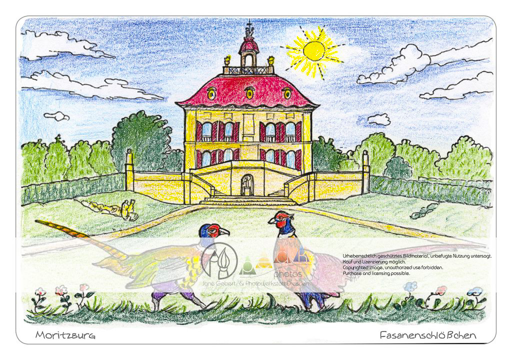 Die Postkarte zum Ausmalen; Postkarte Moritzburg Fasanenschlösschen; Jagdschloss. Das Fasanenschlösschen war Kulisse für
die rauschenden Feste des sächsischen
Adels.
Der Rokokobau ist eingebettet in das
füllige Grün der Parklandschaft. Dunkelrot
und kupfern schillert das Gefieder
der Fasanen, die im Vordergrund auf der
blühenden Wiese stehen.