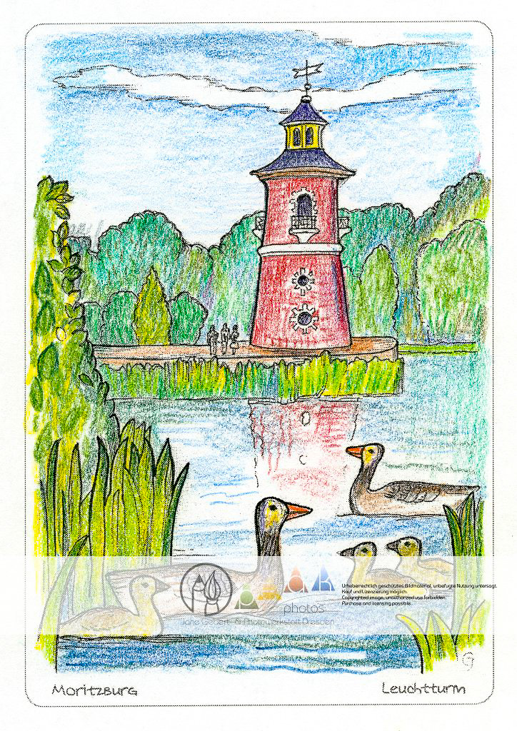 Das Motiv zeigt Sachsens
einzigen Binnenleuchtturm
am Ufer des
Niederen Großteiches.
In der Natur kontrastiert
der in hellrot und weiß
gehaltene Turm mit den
vielfältigen Grüntönen
der Uferbewaldung. Im
Schilf ist eine Graugansfamilie
zu Hause.
Sollte der Turm einen
neuen, selbstgewählten
Anstrich erhalten?