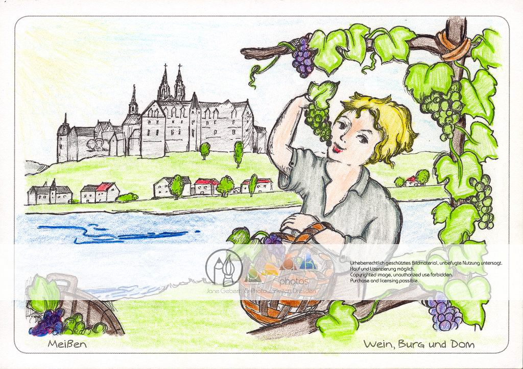 Meißen – Wein, Burg und Dom
Auf der einen Seite die Weinbeeren, die zum berühmten Meißner Wein gekeltert werden, auf der anderen Seite die Burg und der Dom, die Wahrzeichen von Meißen – beides vereint an der Elbe. Viele Gestaltungsmöglichkeiten für die vorgezeichneten Motive und Platz für eigene Ideen, die das Bild weiter beleben können. Ausgemalt von Laura, 11 Jahre