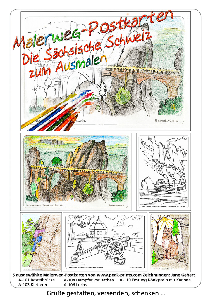 Enthält 5 ausgewählte Malerweg-Motive der Serie Elbsandsteingebirge. 
A-101 Basteibrücke, 
A-103 Kletterer, 
A-104 Dampfer vor Rathen, 
A-106 Luchs, 
A-110 Festung Königstein mit Kanone.
Abbildung zeigt Deckblatt der Set-Verpackung.