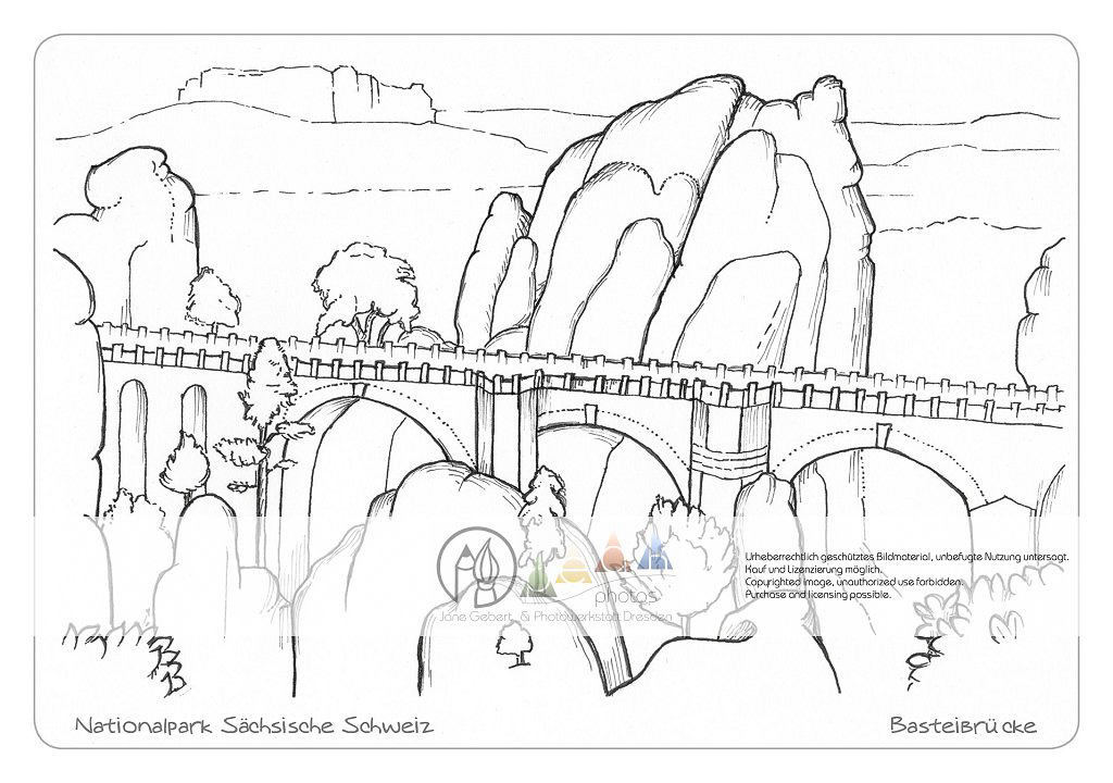 Die Postkarte zum Ausmalen; Postkarte Basteibrücke. Eines der bekanntesten Motive der
Sächsischen Schweiz mit dem Lilienstein
im Hintergrund.
Vielfältige Gestaltunsmöglichkeiten für
unterschiedliche Ansprüche, vom
flächigen Ausmalen bis zur
Differenzierung der Felsoberflächen und
der Bäume.