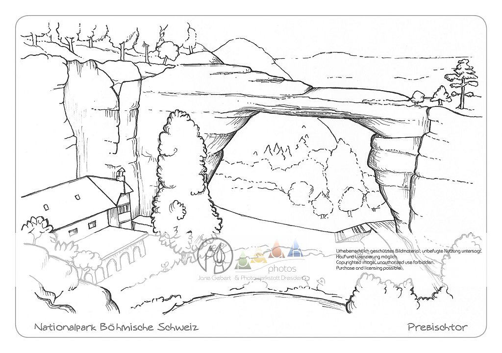 Die Postkarte zum Ausmalen; Postkarte Prebischtor. Die größte natürliche Sandsteinbrücke
Europas, die sogar schon im Kino zu
sehen war.
Das Ausmalen dieses Motivs erfordert
etwas mehr Geduld durch kleinere
Flächen. Eine aufwendigere Gestaltung
ist möglich z. B. durch das Strukturieren
von Felsen und Wald. Das dargestellte
Gasthaus „Falkennest“ kann mit Farben
phantasievoll bemalt werden.