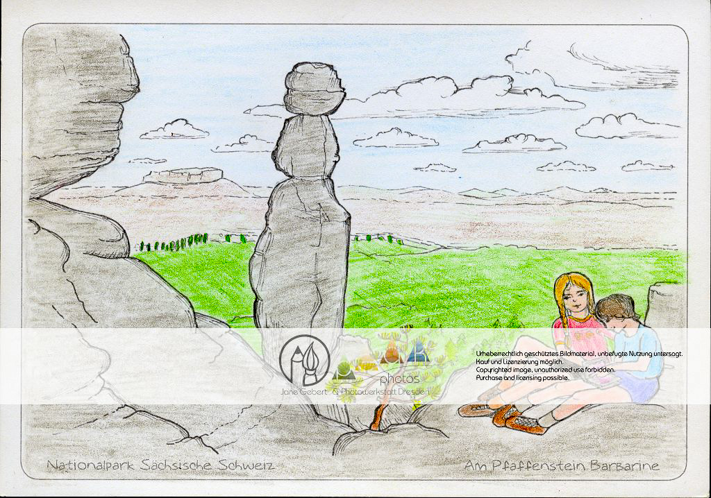 Die Postkarte zum Ausmalen; Postkarte Barbarine. Auf die Tafelberge zu wandern ist ganz
schön anstrengend. Bei einer wohlverdienten
Rast an der sagenumwobenen
Barbarine belohnt die Aussicht, nicht nur
auf dem Pfaffenstein.
Was die Besucher wohl beobachten?
Felsstrukturen, die Wälder, Tiere? Und
was gibt es zur Pause als Stärkung? –
Vielfältige Gestaltungsmöglichkeiten,
von einfach bis anspruchsvoll.