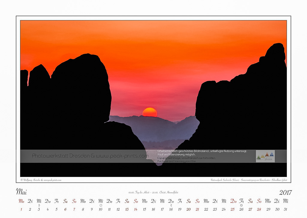 Traumlandschaft Elbsandstein 2017 Saechsische Schweiz, Sonnenuntergang am Rauschentor · Schmilkaer Gebiet; Mai