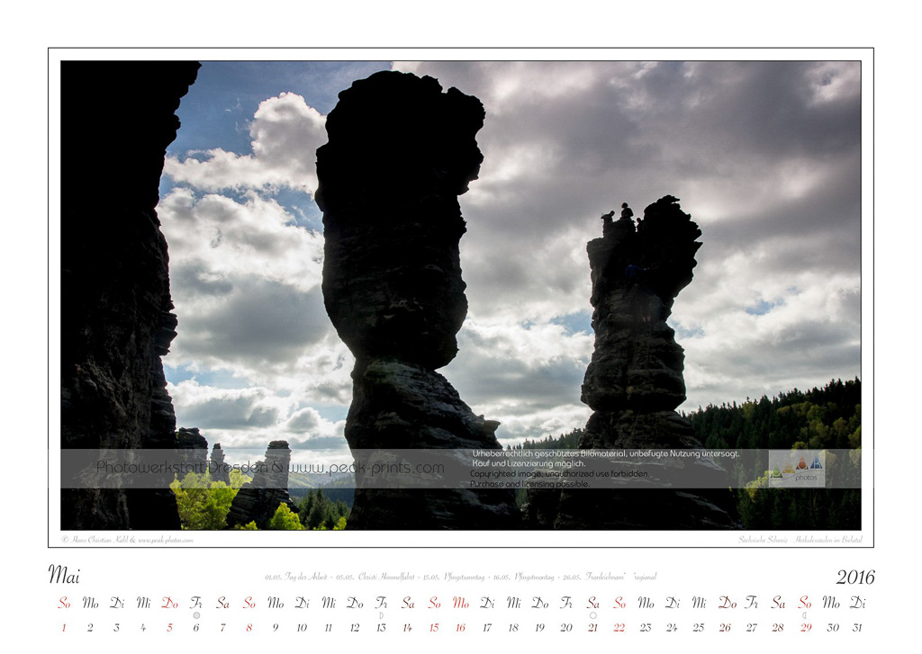 Kalender Traumlandschaft Elbsandsteingebirge 2016, Saechsische Schweiz, Herkulessaeulen im Bielatal, Mai