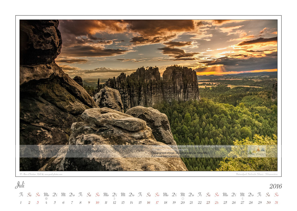 Kalender Traumlandschaft Elbsandsteingebirge 2016, Saechsische Schweiz, Schrammsteine, Juli