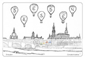 Die Postkarte zum Ausmalen; Postkarte Dresden Canalettoblick. Das Panorama der weltbekannten Dresdensilhouette
mit von der Elbwiesen
aufgestiegenen Heißluftballons.
Das Bild lädt ein zu heiterer Gestaltung
und farbiger Vielfalt.
Der Himmel könnte mit Wolken und
Vögeln zusätzlich belebt werden. Aber
auch ein strahlend klares Blau bringt die
Gebäude und Ballons gut zur Wirkung.