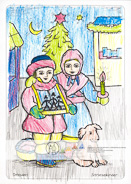 Die Postkarte zum Ausmalen; Postkarte Dresden Striezelkinder Striezelmarkt; Dresdner Christstollen. Bei Wind und Wetter, oft
in eisiger Kälte, standen
die Kinder mit ihren
Bauchläden auf dem
Marktplatz. Heute sind
die Striezelkinder
Symbolfiguren des
Dresdener Weihnachtsmarktes.
Malt das Bild in den Farben
die das Herz erwärmen.
Die Winterkleidung
der Geschwister und die
weihnachtliche Stimmung
mit Tanne, Stern
und Abendhimmel.