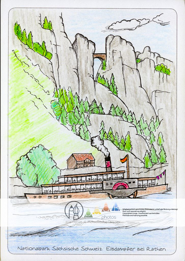 Die Postkarte zum Ausmalen; Postkarte Elbdampfer. Ein Schaufelraddampfer
vor der berühmten Bastei –
das Motiv für alle, die sich
sowohl für die Landschaft
als auch für Technik begeistern.
Die vielen Details
fordern schon größere
Aufmerksamkeit und
Geschick – egal, ob der
Dampfer nach dem Vorbild
auf der Elbe oder frei nach
Phantasie gestaltet wird.
Und gibt es nicht auch
Enten auf der Elbe?